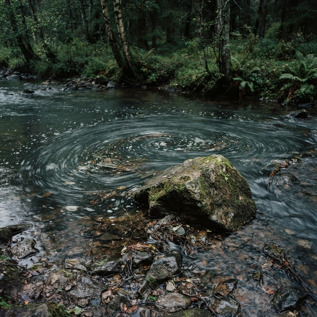 A slow eddy circling behind a mossy stone in a forest river